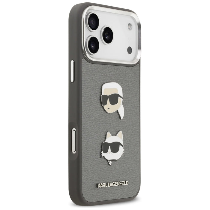 Karl Lagerfeld FW Grained Karl &amp; Choupette Heads Pins &amp; Logo iPhone 17 Pro Max Case - Gray