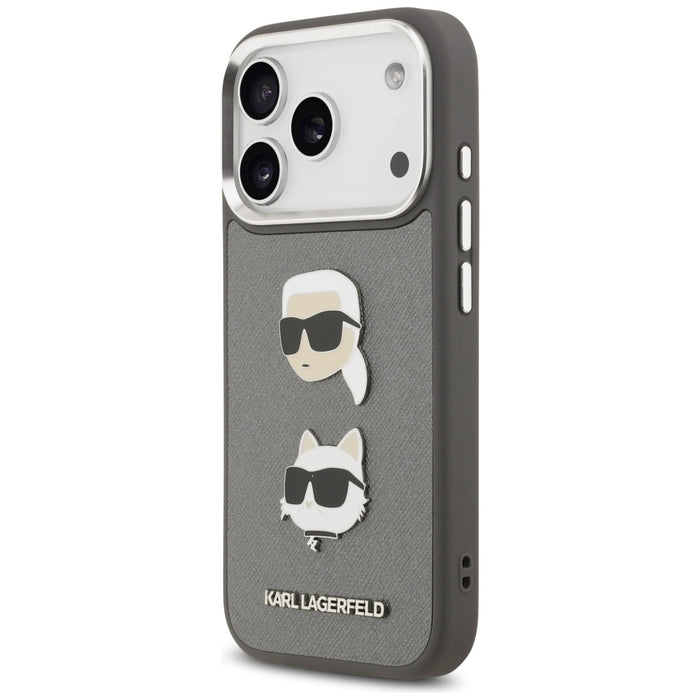 Karl Lagerfeld FW Grained Karl &amp; Choupette Heads Pins &amp; Logo iPhone 17 Pro Case - Gray
