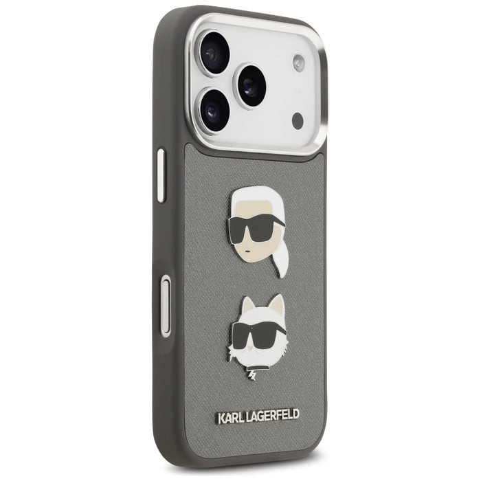 Karl Lagerfeld FW Grained Karl &amp; Choupette Heads Pins &amp; Logo iPhone 17 Pro Case - Gray
