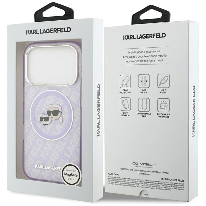 Karl Lagerfeld IML Glitter Karl &amp; Choupette Heads Logo MagSafe Case for iPhone 17 Pro Max - Purple
