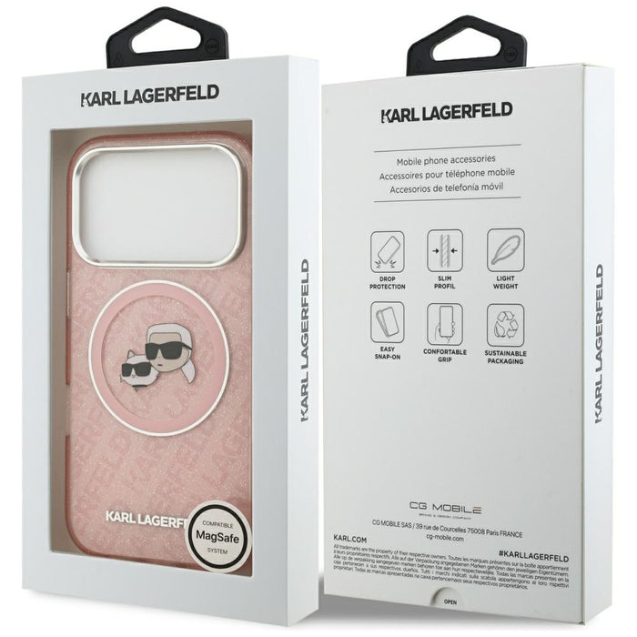 Karl Lagerfeld IML Glitter Karl &amp; Choupette Heads Logo MagSafe Case for iPhone 17 Pro - Pink