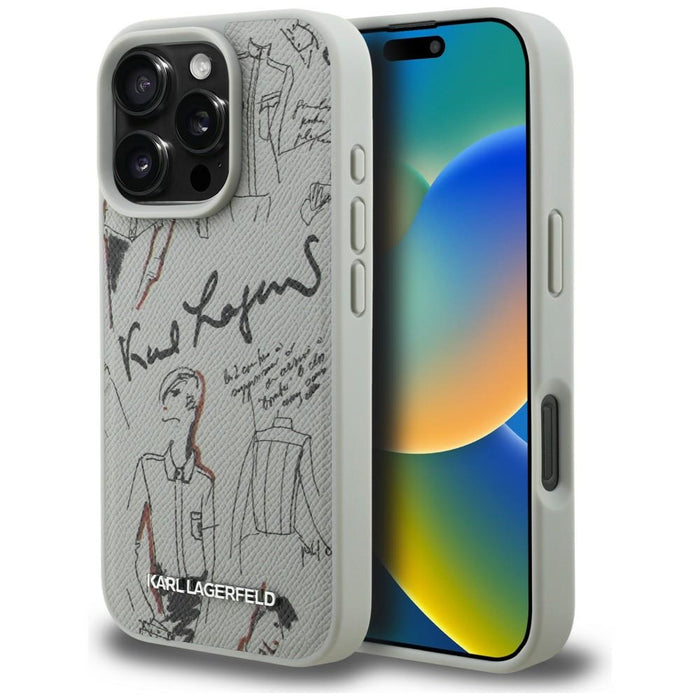 Karl Lagerfeld Grained Pattern &amp; Logo MagSafe Case for iPhone 16 Pro Max - Gray