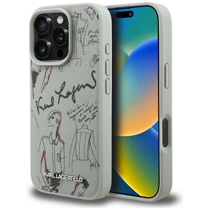 Karl Lagerfeld Grained Pattern &amp; Logo MagSafe Case for iPhone 16 Pro - Gray