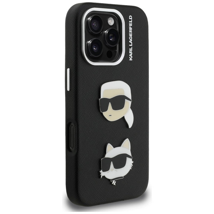 Karl Lagerfeld FW Grained Karl &amp; Choupette Heads Pins Case for iPhone 16 Pro - Black