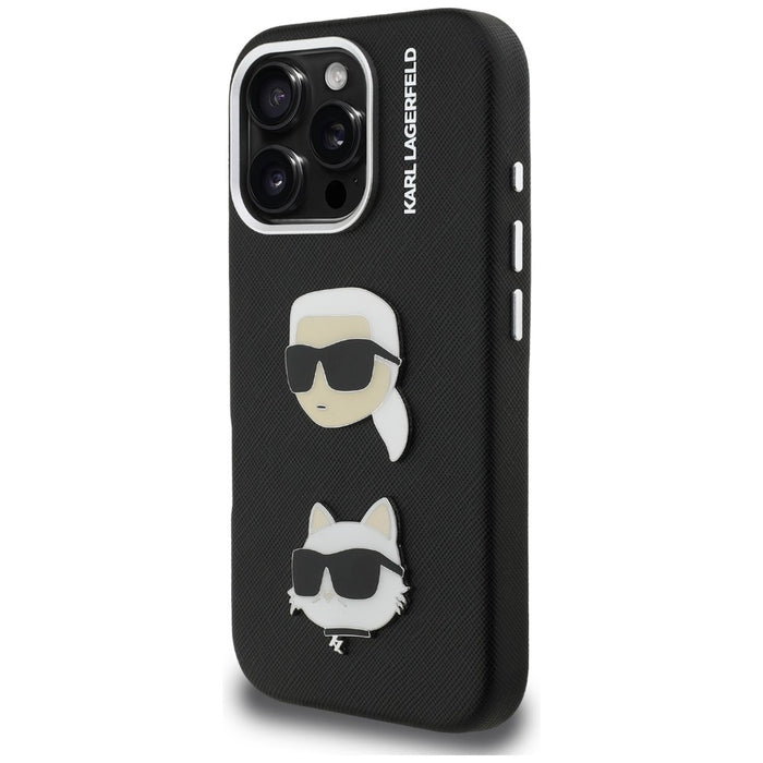 Karl Lagerfeld FW Grained Karl &amp; Choupette Heads Pins Case for iPhone 16 Pro Max - Black