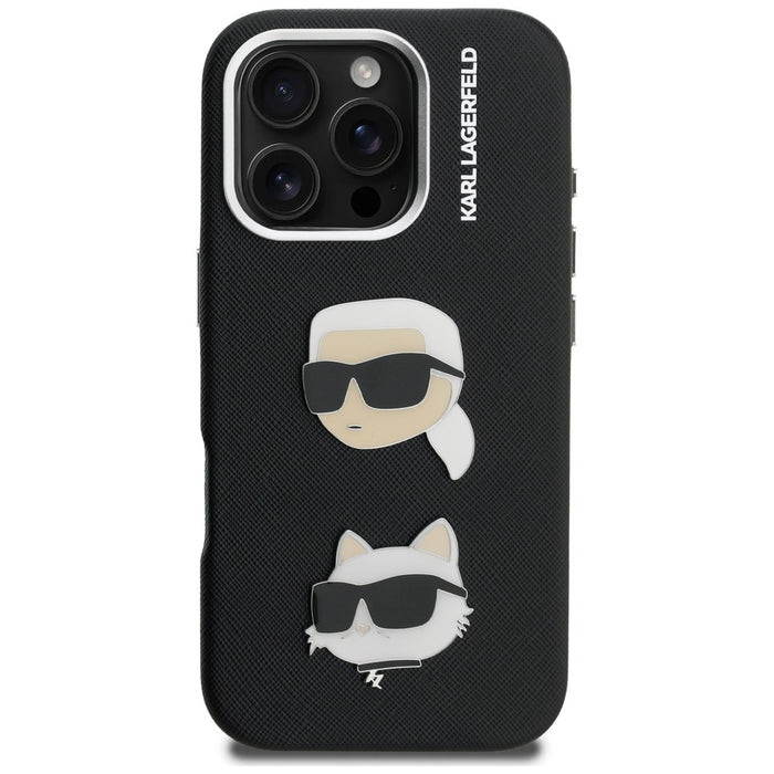 Karl Lagerfeld FW Grained Karl &amp; Choupette Heads Pins Case for iPhone 16 Pro Max - Black