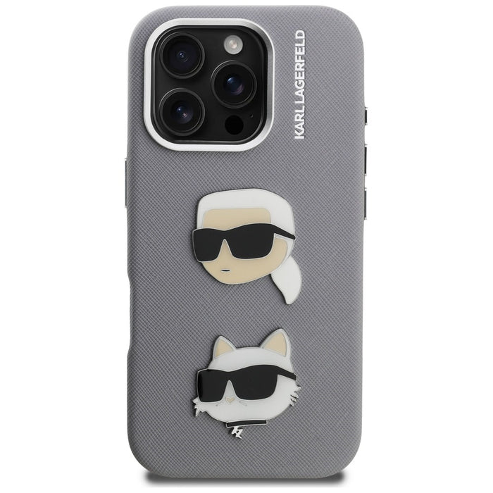Karl Lagerfeld FW Grained Karl &amp; Choupette Heads Pins Case for iPhone 16 Pro Max - Gray