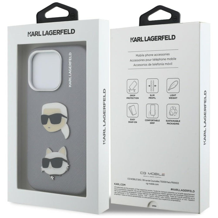Karl Lagerfeld FW Grained Karl &amp; Choupette Heads Pins Case for iPhone 16 Pro Max - Gray