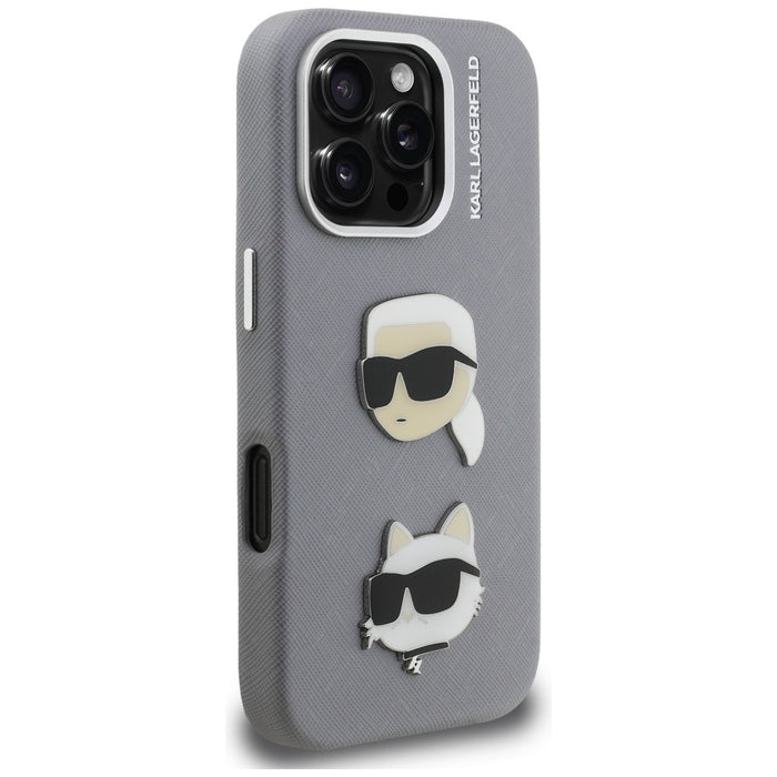 Karl Lagerfeld FW Grained Karl &amp; Choupette Heads Pins Case for iPhone 16 Pro - Gray