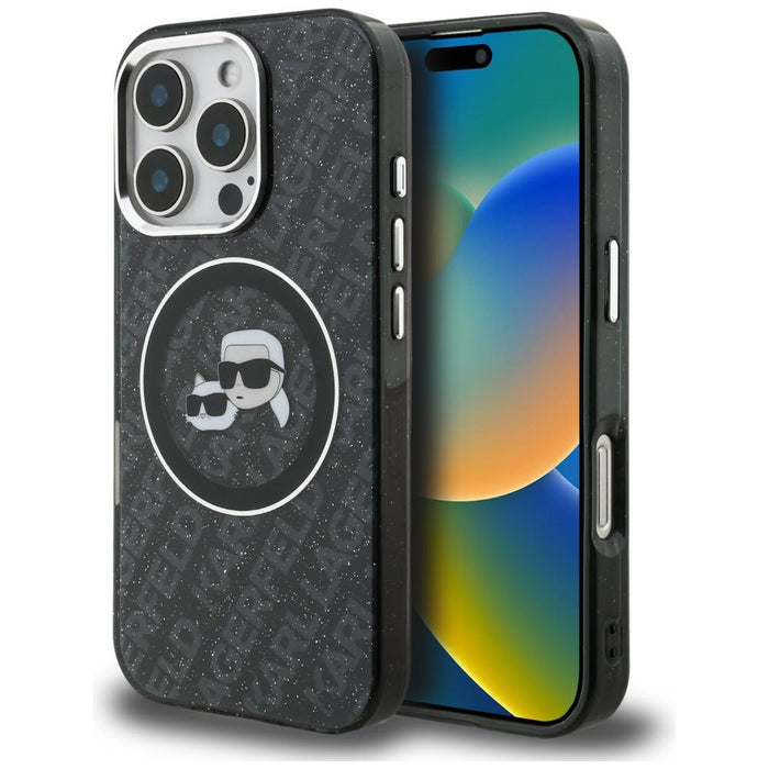 Karl Lagerfeld IML Glitter Karl &amp; Choupette Heads Logo MagSafe Case for iPhone 16 Pro - Black