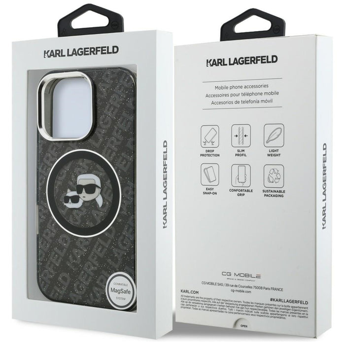 Karl Lagerfeld IML Glitter Karl &amp; Choupette Heads Logo MagSafe Case for iPhone 16 Pro Max - Black