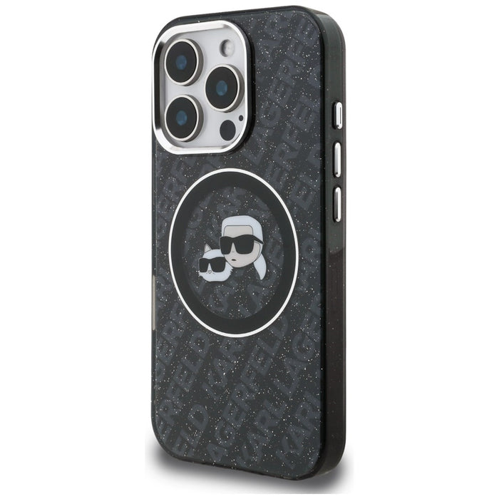 Karl Lagerfeld IML Glitter Karl &amp; Choupette Heads Logo MagSafe Case for iPhone 16 Pro Max - Black