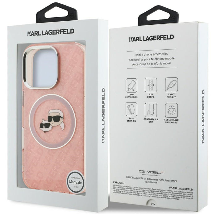 Karl Lagerfeld IML Glitter Karl & Choupette Heads Logo MagSafe Case for iPhone 16 Pro Max - Pink