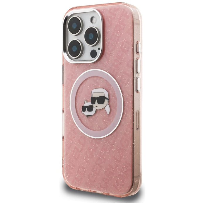 Karl Lagerfeld IML Glitter Karl & Choupette Heads Logo MagSafe Case for iPhone 16 Pro Max - Pink