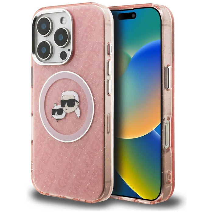Karl Lagerfeld IML Glitter Karl &amp; Choupette Heads Logo MagSafe Case for iPhone 16 Pro Max - Pink
