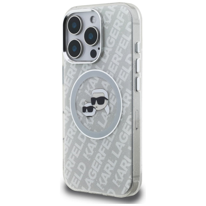 Karl Lagerfeld IML Glitter Karl &amp; Choupette Heads Logo MagSafe Case for iPhone 16 Pro - Gray