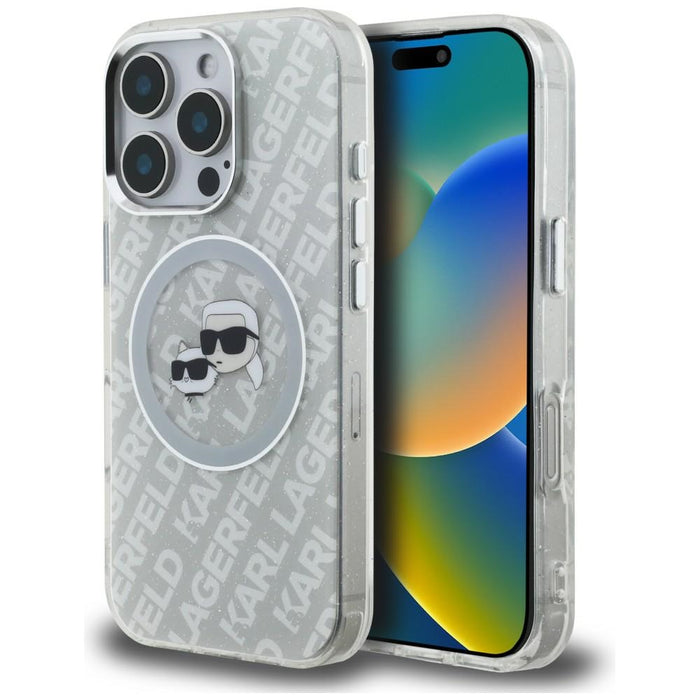 Karl Lagerfeld IML Glitter Karl &amp; Choupette Heads Logo MagSafe Case for iPhone 16 Pro - Gray