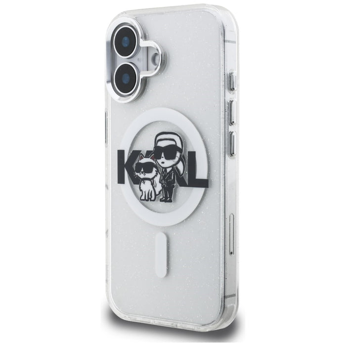 Karl Lagerfeld IML Glitter Karl &amp; Choupette Sketch Logo MagSafe Case for iPhone 16 - Transparent