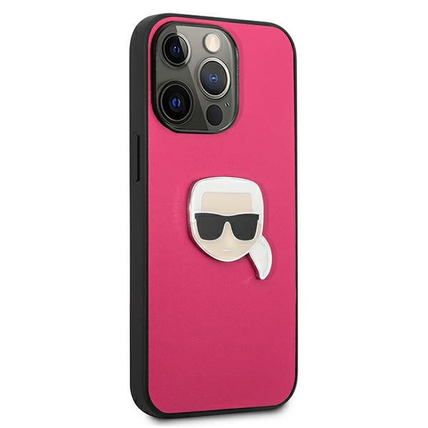Karl Lagerfeld Leather Ikonik Karl&#39;s Head Metal Case for iPhone 13 Pro / 13 6.1&quot; - Pink