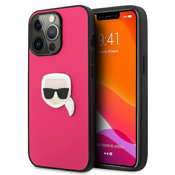 Karl Lagerfeld Leather Ikonik Karl&#39;s Head Metal Case for iPhone 13 Pro / 13 6.1&quot; - Pink