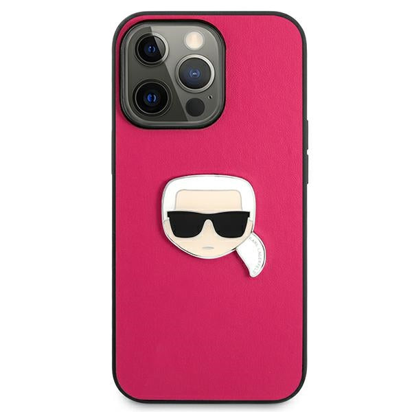 Karl Lagerfeld Leather Ikonik Karl&#39;s Head Metal Case for iPhone 13 Pro / 13 6.1&quot; - Pink