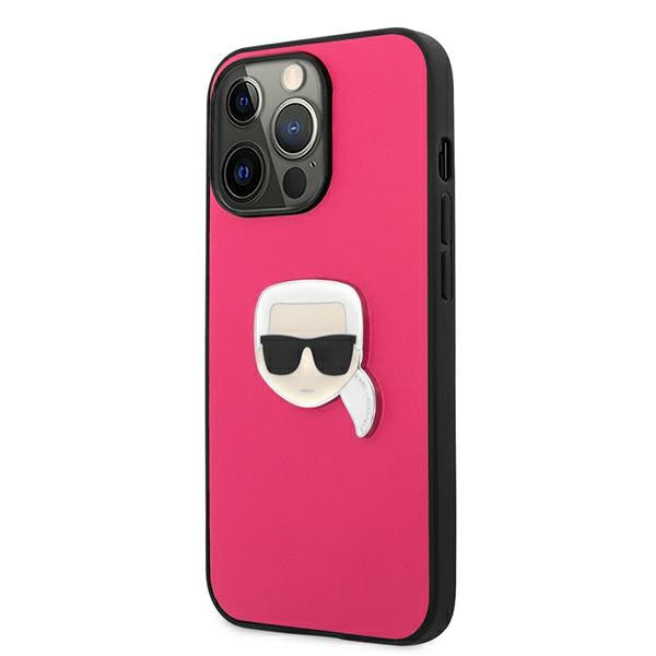 Karl Lagerfeld Leather Ikonik Karl&#39;s Head Metal Case for iPhone 13 Pro / 13 6.1&quot; - Pink
