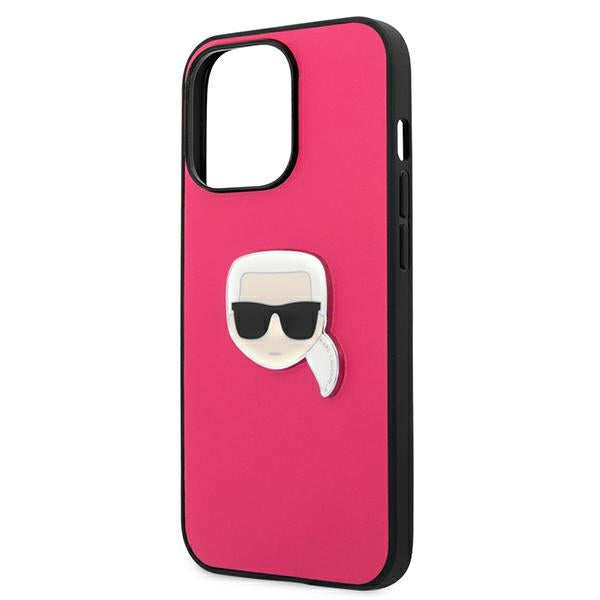 Karl Lagerfeld Leather Ikonik Karl&#39;s Head Metal Case for iPhone 13 Pro / 13 6.1&quot; - Pink