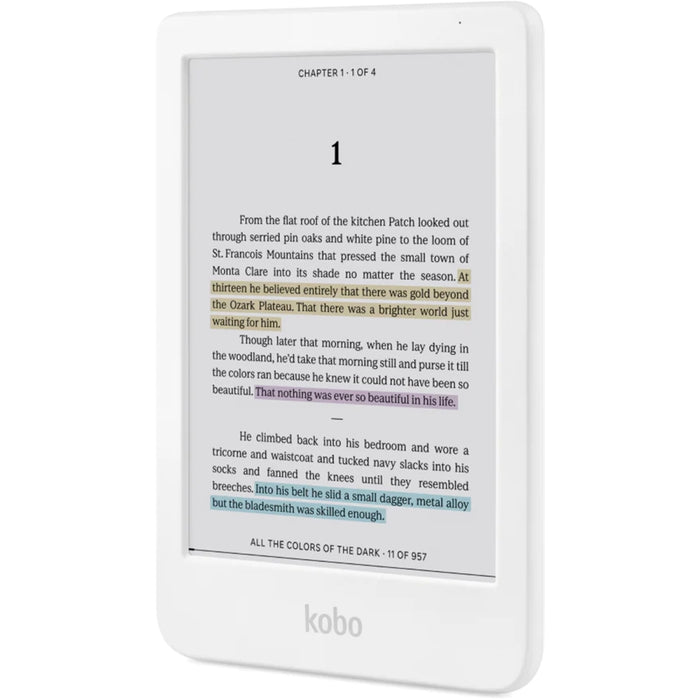 Kobo Clara Colour e-Book Reader, E Ink Kaleido touch screen 6 inch colour, 1448 x 1072 pixels, 16 GB, 1000 MHz/512 MB, 1 x USB C, Greutate 0.172 kg, Wireless Da, Comfort Light, 12 different fonts and over 50 font styles, White
