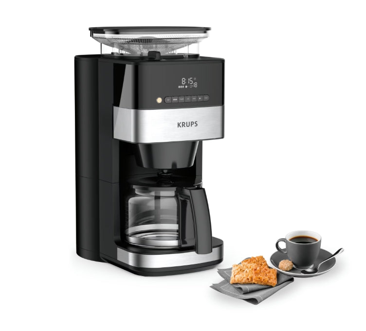 Krups KM832810 Grind & Brew, metalic grinder, 3 grinding settings, digital display, timer, 1.25L