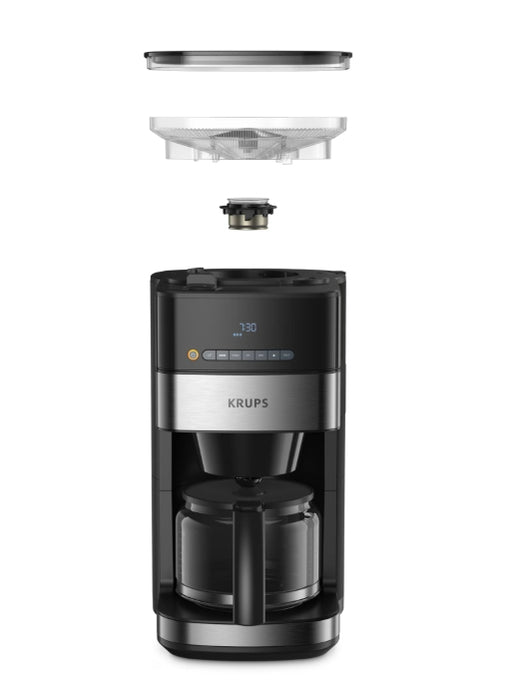 Krups KM832810 Grind & Brew, metalic grinder, 3 grinding settings, digital display, timer, 1.25L