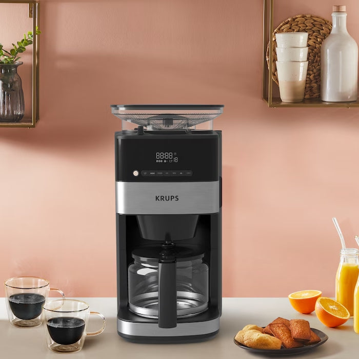 Krups KM832810 Grind & Brew, metalic grinder, 3 grinding settings, digital display, timer, 1.25L