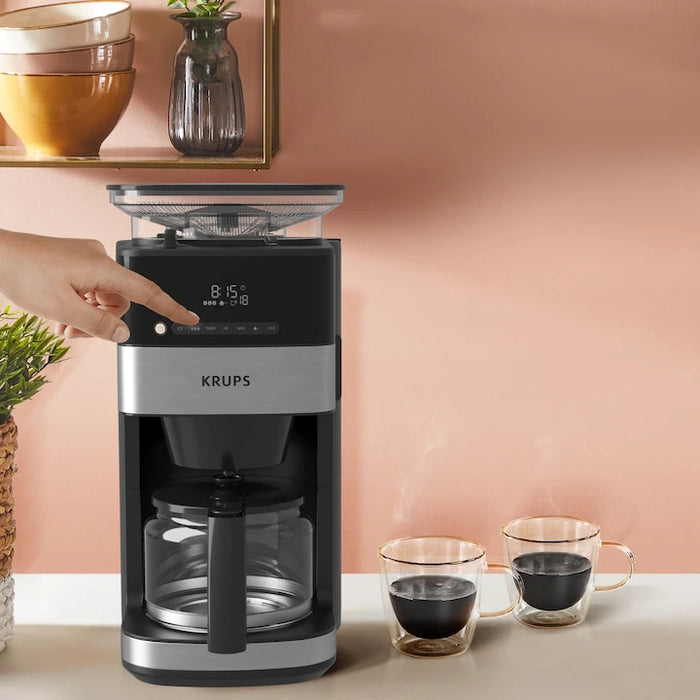 Krups KM832810 Grind & Brew, metalic grinder, 3 grinding settings, digital display, timer, 1.25L