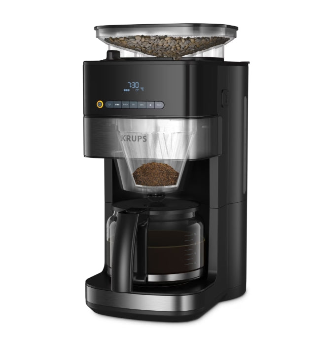 Krups KM832810 Grind & Brew, metalic grinder, 3 grinding settings, digital display, timer, 1.25L