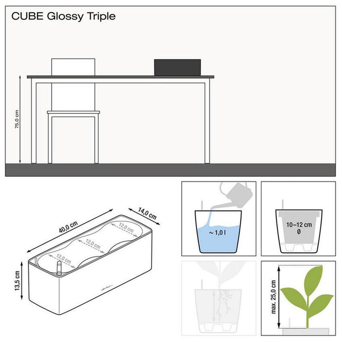 POT 40X14CM WITH IRRIGATION SYSTEM LECHUZA CUBE GLOSSY TRIPLE