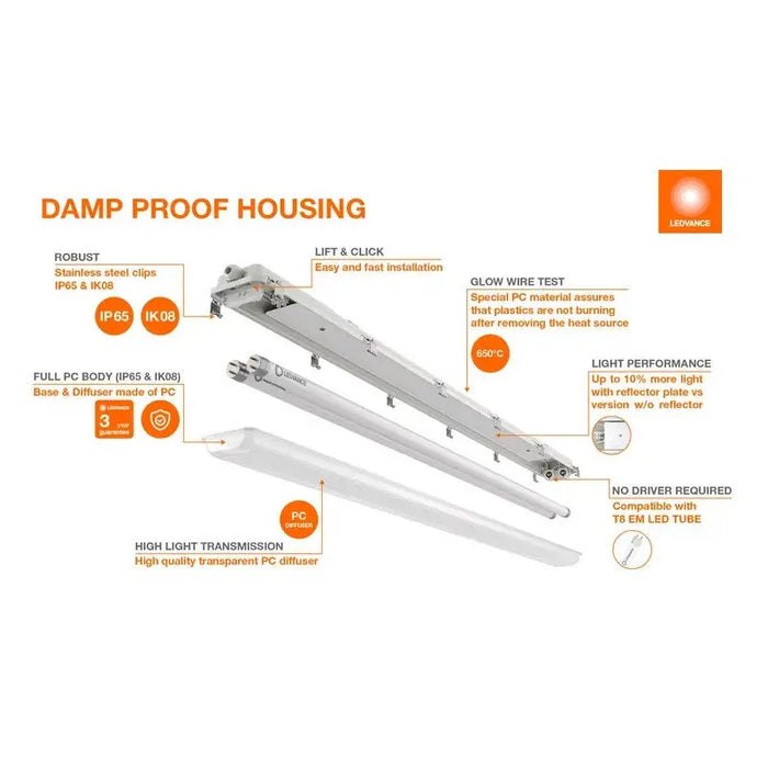 LED LAMP DAMP PROOF HOUSING E IP65 1200 E 2XLAMP MT IP65 LEDVANCE - Диодни тела индустриални<<<Източници на