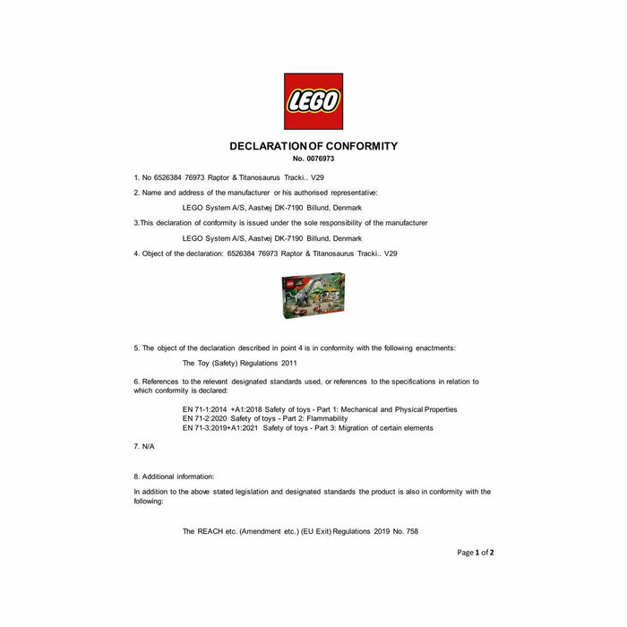 Construction set Lego JURASSIC WORLD 76973 Raptor & Titanosaurus Tracking Mission