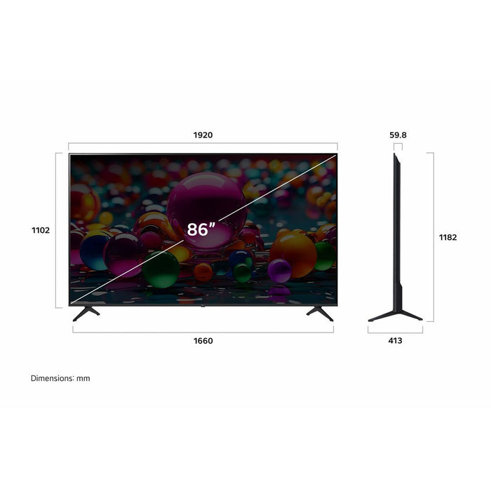 LG 86UA75006LA, 86" 4K UltraHD TV 4K (3840x2160), DVB-T2/C/S2, webOS 25 Smart, ThinQ AI, A7 AI, WiFi, HDR10 pro, HLG, ALLM/HGiG, 4K Upscaling, AI Sound pro, Multiple View, HDMI eARC, LAN, USB, Bluetooth, Google Cast, 2 Pole Stand, Black