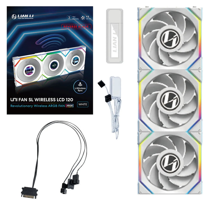 Fans 3 pcs Lian Li UNI FAN SL Wireless LCD Reverse Blade ARGB PWM - 120 mm White