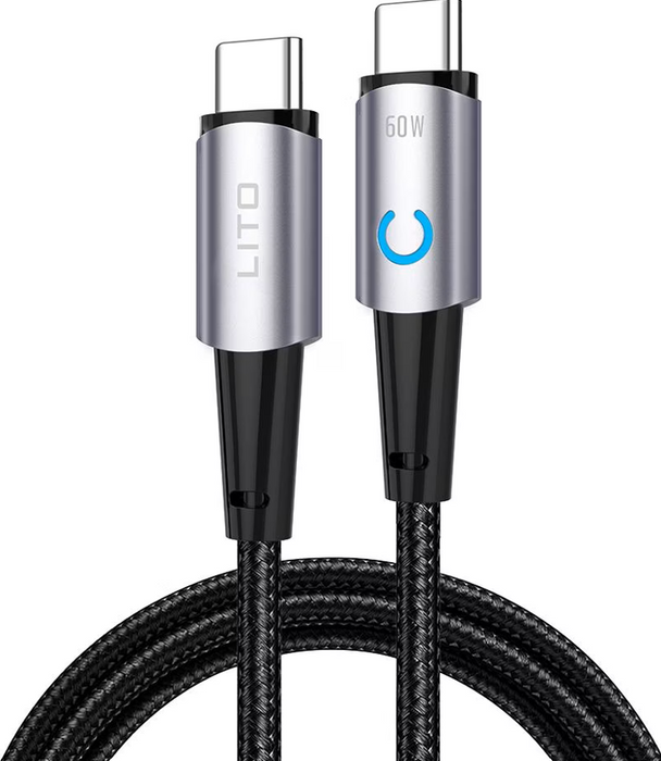Lito - Data cable Type-C to Type-C fast charging 60W, with LED, 1.2 m Black
