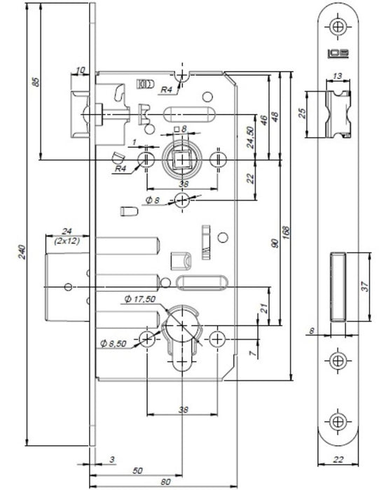 LOCK 90MM E50 SATIN CHROME DIN