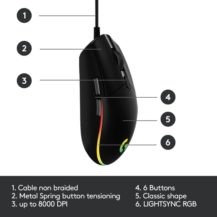 Logitech G102 LightSync Gaming Mouse, RGB, Optical, Wired, USB
