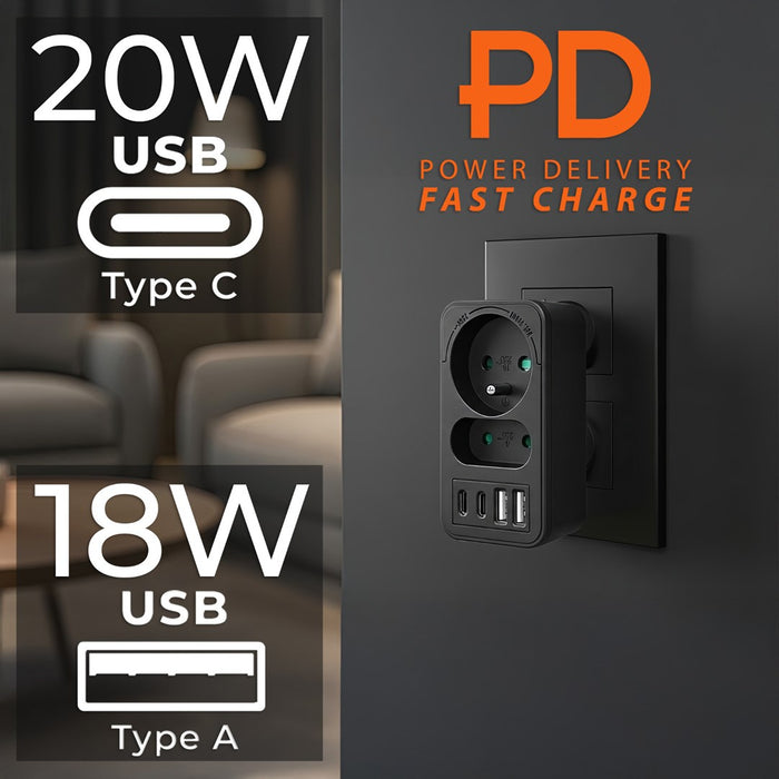 Maclean current socket x2 + 4xUSB, splitter with 2 sockets, 2xUSB A, 2xUSB C PD 20W, 1x16A + 1x6A, MCE249 F/B
