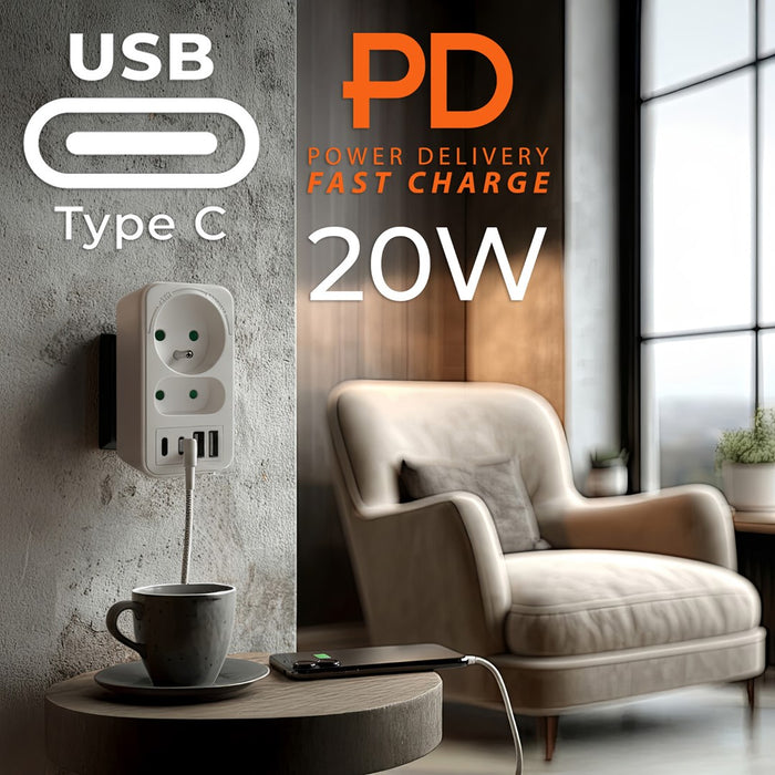 Current socket x2 + 4xUSB Maclean, splitter with 2 sockets, 2xUSB A, 2xUSB C PD 20W, 1x16A + 1x6A, MCE249 F/W