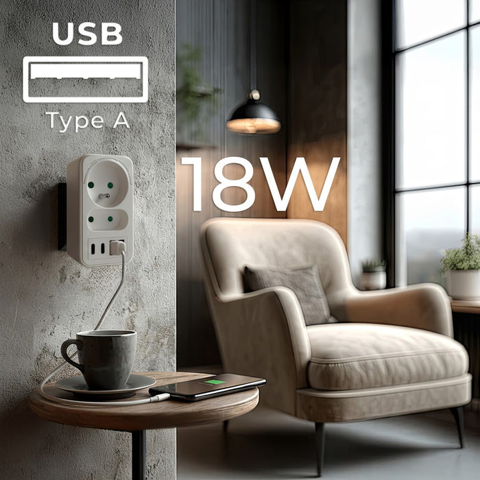 Current socket x2 + 4xUSB Maclean, splitter with 2 sockets, 2xUSB A, 2xUSB C PD 20W, 1x16A + 1x6A, MCE249 F/W