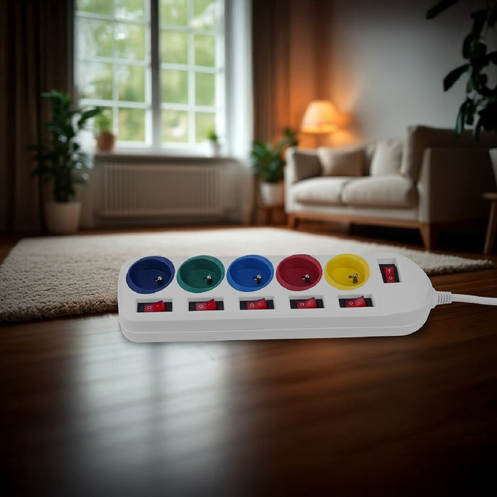 Maclean power strip, 5 socket extension cable, with switches, 250VAC/10A, 1.5m, MCE204 M/W