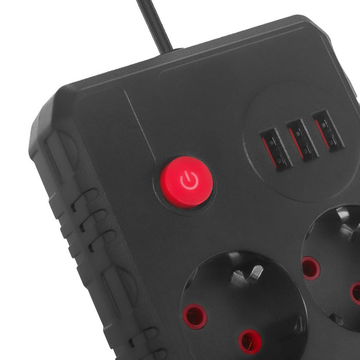 Maclean power strip, extender 2 sockets + 3xUSB, 110-240V AC 50/60Hz, 2.1A max 2500W, 1.5m, black, MCE387 B
