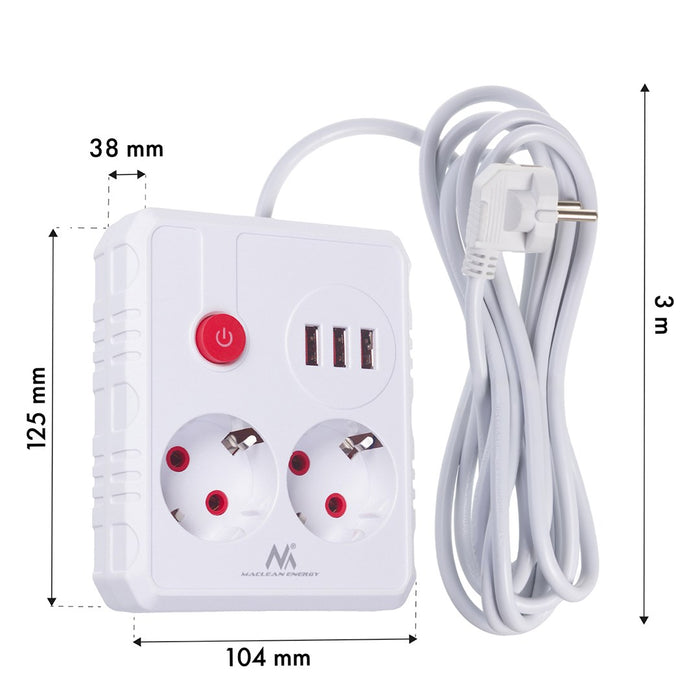Maclean power strip, extender 2 sockets + 3xUSB, 110-240V AC 50/60Hz, 2.1A max 2500W, 3 m, white, MCE388 W