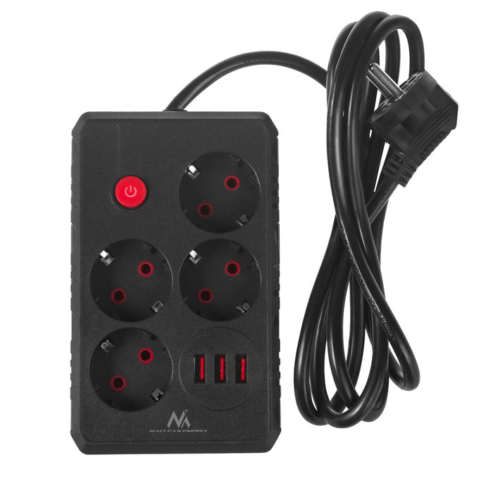 Maclean power strip, 4-socket extension cable + 3xUSB, 110-240V AC 50/60Hz, 2.1A max 2500W, 1.5m, black, MCE392 B