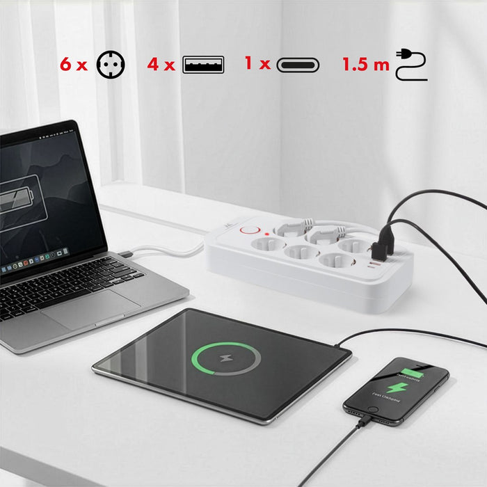 Maclean power strip, 6 socket extension + 4xUSB, 110-240V AC 50/60Hz, 2.1A max 2500W, 1.5 m, white, MCE389 W