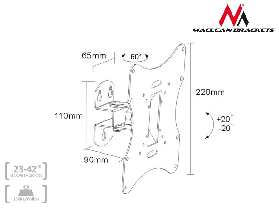 Maclean MC-501A Universal Wall TV Bracket 23-42" uo to 30kg vesa 200x200 Black